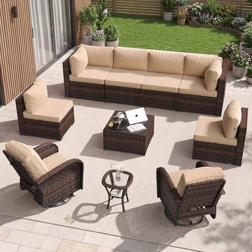 Aoxun 10 Piece Outdoor Patio Furniture Set with Coffee Table, Wicker Rattan Outdoor Furniture with High Back Swivel Rocker Chairs, Outdoor Conversation Set with Thick Cushion & Ottoman, Beige by Aoxun