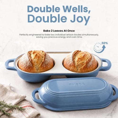 Enameled Cast Iron Bread Loaf Pan with Lid,Double Sourdough Baking Pan-Blue - Image 2