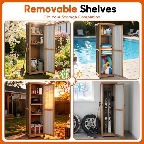 Outdoor Storage Cabinet, Wood & Metal Storage Shed with Weatherproof Roof, 3 Removable Shelves, Lockable Door, Adjustable Feet, Outside Storage Cabinet for Garage, Patio, Backyard - Image 6