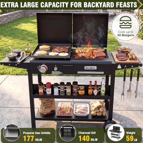Bestfire Dual Fuel Gas & Charcoal Grill Combo, 327 Sq.In Propane Flat Top Griddle w/Cast Iron Griddle, Dual Lids, Side Shelves, Outdoor Griddle for Small Gatherings & Cookouts - Image 2