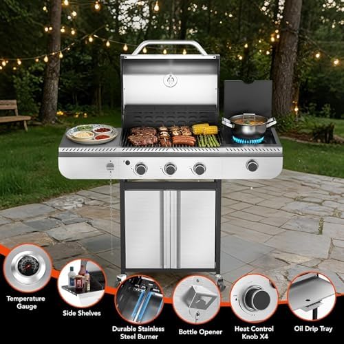 3-Burner Propane Gas Grill with Side Burner, 34,000 BTU Stainless Steel BBQ Grill – Heavy-Duty Porcelain-Enameled Grates for Patio and Outdoor Cooking - Image 6