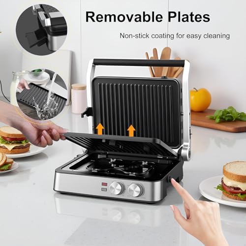 Panini Press,4 Slices Contact Grill with Removable Non-Stick Coated Grill and Flat Plates,Panini Makers with Temperature Control and Timer,Open 180 Degrees,Grill and Griddle (Half black with sus) - Image 6