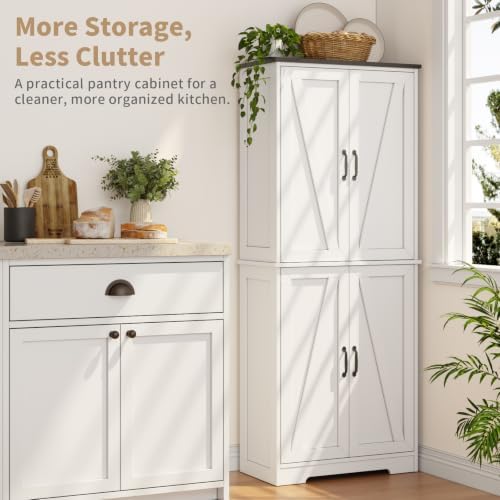 59" H Storage Cabinet, Kitchen Farmhouse Pantry Cabinet with 4 Doors, White - Image 4