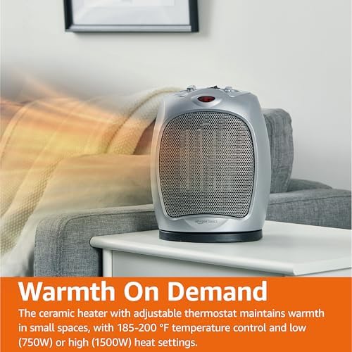 Amazon Basics Oscillating Ceramic Portable Indoor Space Heater, Fast Heating Technology, Overheat and Tip-Over Protection, Adjustable Thermostat, 1500W, 7.52"D x 6.34"W x 9.45"H, Silver - Image 6
