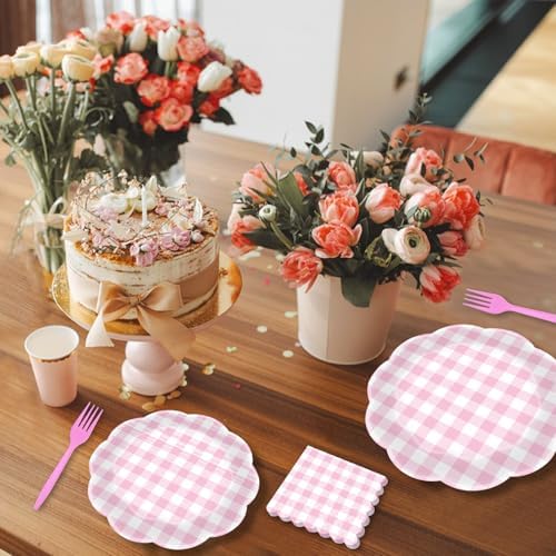 96 Pieces Pink Gingham Party Tableware Set – Scalloped Edge Checkered Paper Plates, Napkins and Pink Forks Disposable Dinnerware for Baby Shower, Picnic, Birthday, Tea Party and Summer Party Supplies - Image 6