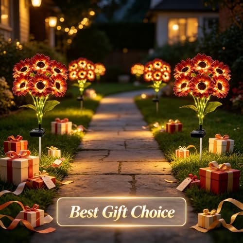 Solar Sunflower Lights Outdoor Garden Decor, 4 Pack Solar Brown Flowers Lights with 24 Sunflowers, Waterproof Fall Decor Stake Decorative Light Auto ON/Off for Garden Yard Patio, Gift for Women - Image 7