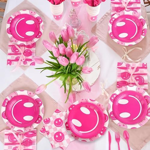 Kochorie 350 PCS Preppy Smiley Face Party Supplies Set for 50 Guests Includes Preppy Party Plates Cups Napkins Utensils for Birthday, Smiley Face Theme, Preppy Party Decorations Disposable Tableware - Image 6