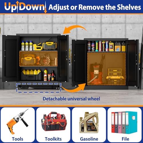GAIOUS 35'' Tall Metal Storage Cabinet with Lock and Wheels, Steel Office Cabinet with 2 Door and 2 Adjustable Shelves, Lockable File Cabinet, Garage Cabinet, Rolling Cabinet for Home Office, Black - Image 3