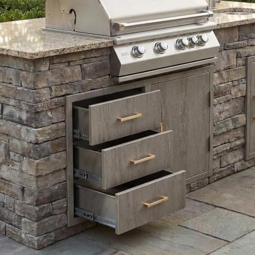 GarveeTech Stainless Steel Outdoor Kitchen Drawer Combo with Access Door, Wood Grain Film, 38.2" W x 20.5" H x 22.6" D, BBQ Island Drawer, Propane Storage, Adjustable Garbage Ring, Flush Mount by GarveeTech
