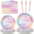 Naozinebi Iridescent Diamond Birthday Party Plates Napkin Fork Glitter Diamond Tableware Set Happy Birthday Dinnerware Colorful Supply for Girls Women Baby Shower Wedding Parties Decoration Serve 24 by Naozinebi