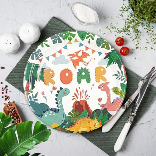 50PCS Dinosaur Party Plates Birthday Decorations, 7Inch Dinosaur Theme Paper Dessert Plates Disposable Tableware Set for Birthday Baby Shower Party Supplies - Image 2