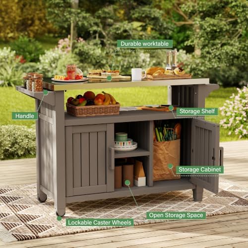 Bifanuo Outdoor Grill Table Grill Cart with Stainless Steel Top & Storage Cabinet for Food Prep and Storage, Portable and Durable with Wheels (Grey) - Image 5