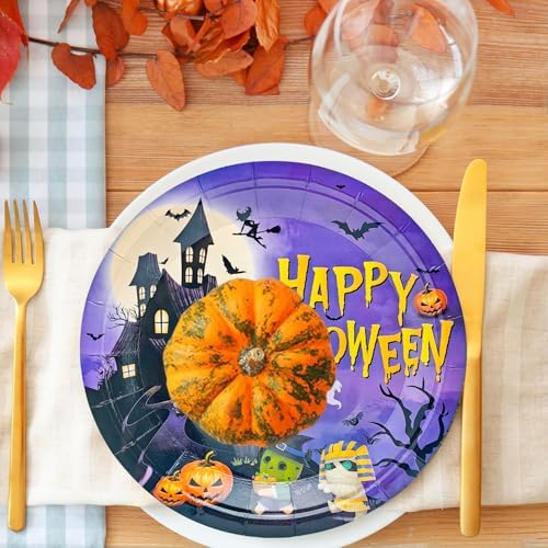 50Pcs Halloween Party Supplies Halloween Paper Plate 7Inch Pumpkin Plates Fall Pumpkin Monster Paper Plates for Haunted House Themed Black Orange Fall Birthday Party Decorations (Purple) - Image 5