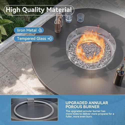 7 Piece Metal Outdoor Patio Furniture Set with 48"/55000 BTU Round Fire Pit Table,Outdoor Dining Table Set 6 Swivel Chairs No-Slip Cushions and Waterproof Covers,Sand - Image 5