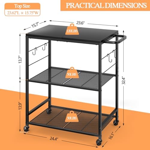 DAOUTIME Grill Cart for Outside, 3-Tier BBQ Food Prep Rolling Table Cart, with 23.62" Lx 15.75" W Rust-Resistant Tabletop, Outdoor Pizza Oven Table Ideal for Patio Backyard Kitchen Tools Room - Image 4