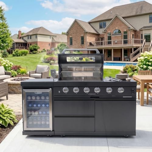 65-Inch 4-Burner 72000 BTU Stainless Steel Outdoor Kitchen Island Propane Gas Grill + Wine Cooler Refrigerator + Rotisserie Kit + Granite Countertops - For Large Backyard Gatherings, Black by Dvasovio