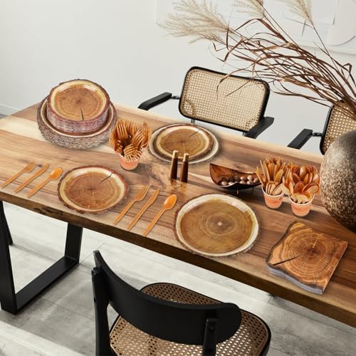 durony 350 Pieces Camping Wood Grain Slice Tableware Set Rustic Camo Hunter Plates Napkins Cups Cutlery Hunting Birthday Party Decorations Lumberjack Dinner Camping Party Decorations Serve 50 Guests - Image 6