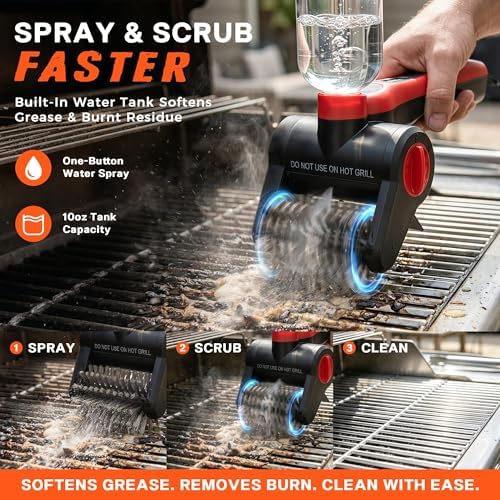 Electric Grill Brush with Water Spray System, Cordless BBQ Grill Cleaner, Rechargeable Power Scrubber for Gas, Charcoal & Pellet Grills, IPX8 Waterproof Grill Cleaning Brush with Scraper & Case - Image 2