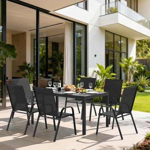 Pamapic Outdoor Dining Sets for 6, Rectangular Steel Slat Table with 6 Textilene Chairs, 7 Piece Patio Table and Chairs Set with Umbrella Hole for Patio, Backyard, Poolside (Black, No Umbrella) - Image 4