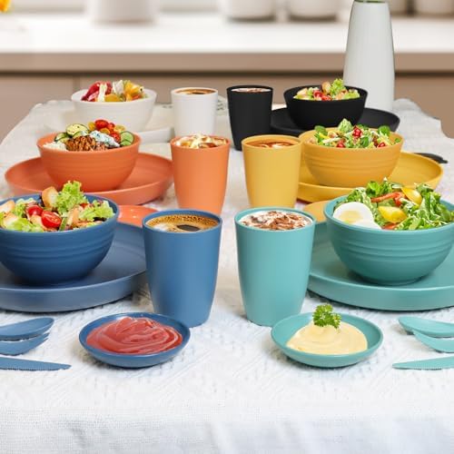 Wrova wheat straw bowls,plates,cups and cutlery sets 28 pcs - Dishwasher safe dish sets for kitchen, camping, indoors and outdoors.Green - Image 7