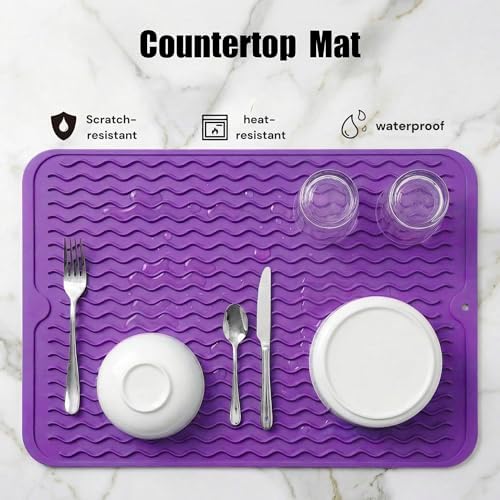MicoYang Silicone Dish Drying Mat — Quick-Dry Ridges Counter & Sink Pad, Heat-Resistant Trivet to 450°F, Non-Slip & Dishwasher Safe, Roll-Up Storage, 18 Colors & 9 Sizes (Purple, 16"×12") - Image 3