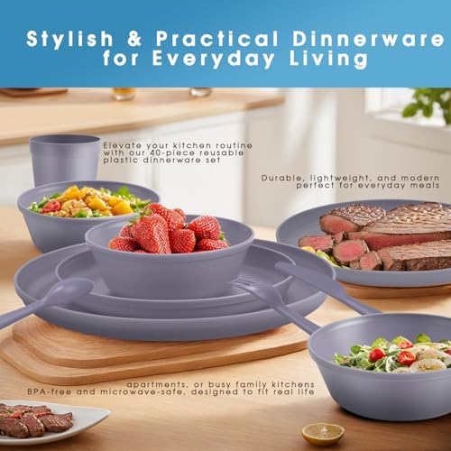 40 Piece Plastic Dinnerware Set for 8 with Cutlery, Unbreakable Plates and Bowls Set, Dishwasher & Microwave Safe Reusable Dish Set for Camping, RV, Outdoor Kitchen, Apartment Dining, Gray - Image 7