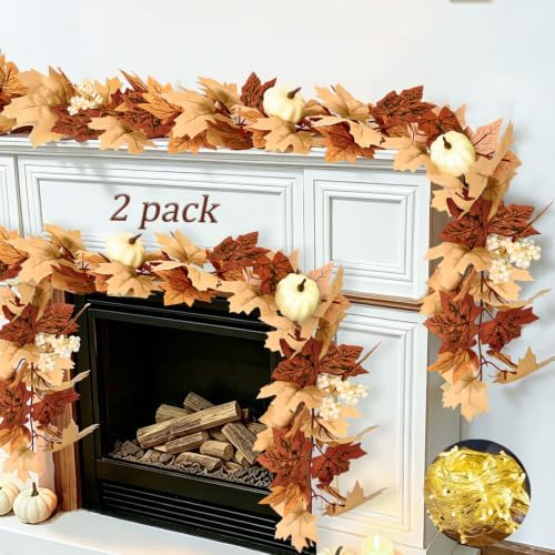 2 Pack Fall Garland with Lights-Total 12Ft Autumn Leaves Garland for Mantle Fireplace-Brown Fall Decor for Front Door with Pumpkins Indoor Maple for Stairs Porch Thanksgiving Decorations by Cherica