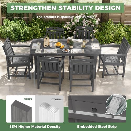 HDPE Outdoor Dining Set, Patio Table and 6 Chairs, 2" Umbrella Hole, Grey - Image 4
