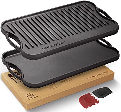 Overmont Reversible Cast Iron Grill - 17" x 9.8" Dual-Sided Griddle Pan by Overmont