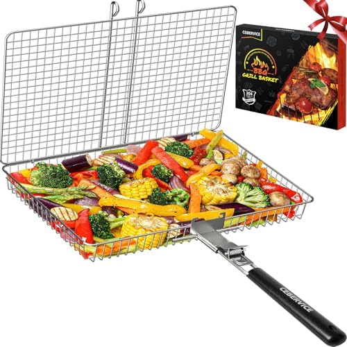 Grill Basket Extra Large, SUS304 Stainless Steel, Portable Folding BBQ Camping Grilling Rack for Fish, Vegetables, Shrimp, Barbeque Griller Cooking Accessories, Grilling Gifts for Men, Dad by CEBERVICE