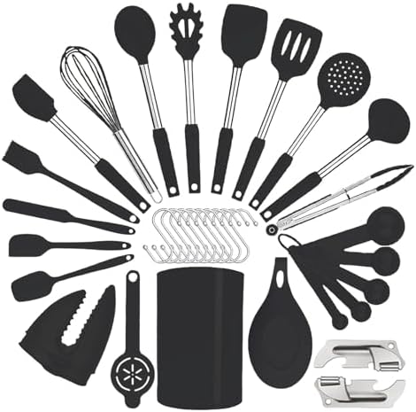 Silicone Kitchen Cooking Utensils Set with Stainless Steel Handle, Spatula Set Utensil Set, Cooking Utensil Set,Kitchen Tools Gadgets for Nonstick Cookware (35, Black) by BECBOLDF