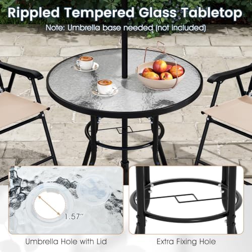 Tangkula 6 Pieces Patio Dining Set with Umbrella, Outdoor Table and Chairs Set with 4 Folding Armchairs and Round Tempered Glass Table for Garden, Deck, Lawn and Backyard (Beige) - Image 6
