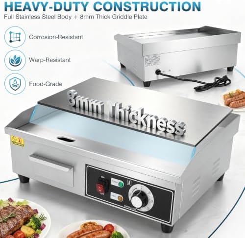 IRONWALLS Commercial Electric Griddle 22”, 3000W Electric Flat Top Griddle Grill Indoor, 122~572℉ Adjustable Temperature Control, Non-stick Stainless Steel Grill for Restaurant, Fits for 20-Amp Outlet - Image 4