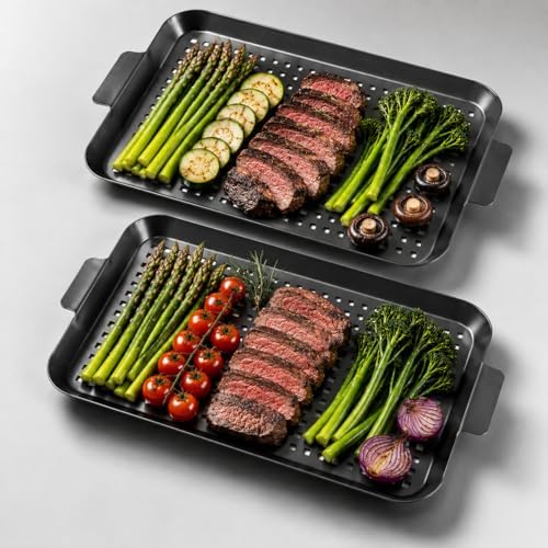 2PCS Grill pan: Grill topper for outdoor grill - Non-stick enamel coating grill topper suitable for camping, picnic, party by Guogiyala