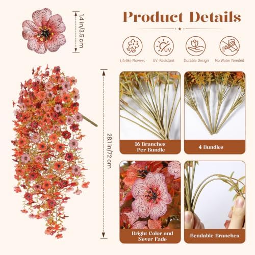 Alupssuc 4 PCS Fall Hanging Flowers Artificial for Outdoor Indoor Decor - Image 2