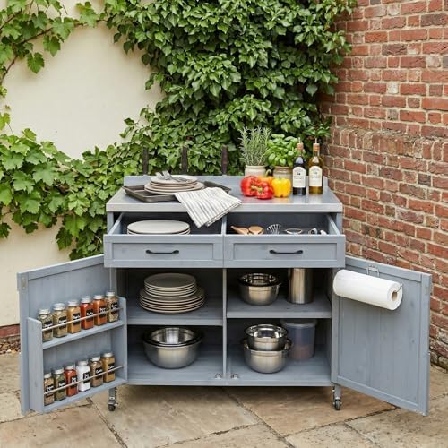 39.4" Outdoor Kitchen Island with Drawer and Stainless Top, Grey Blue - Image 3
