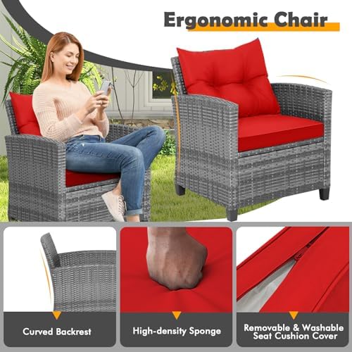 Tangkula 3 Pieces Patio Furniture Set, Outdoor PE Rattan Conversation Chair Set with Tempered Glass Side Table and Removable Cushions, PE Wicker Chairs and Table Set for Porch, Balcony and Garden - Image 4