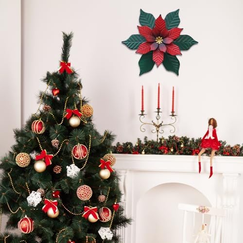 YEAHOME Chrismas Wall Decorations Indoor - 11 inch Metal Flower Wall Art Decor, Poinsettia Yard Garden Decor Hanging for Kitchen, Bathroom, Bedroom, Handmade Gift for Home, Indoor or Outdoor - Image 3