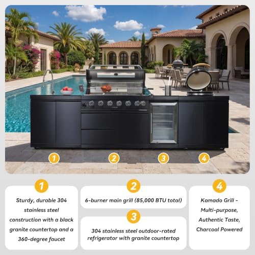 128'' LPG Outdoor Kitchen Island with Grill, 85000 BTU, 6-Burner, Black - Image 5