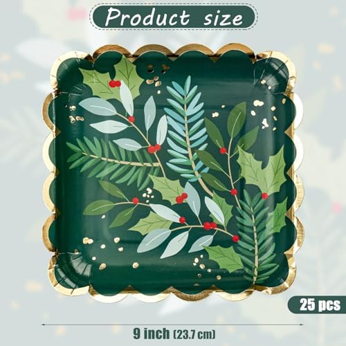 WRAPAHOLIC 25Pcs Christmas Paper Plates - 9 Inch Gold Foil and Green Holly Berry Disposable Plates Decorative Dinner Plates for Christmas Party Tableware Supplies Table Decor - Image 2