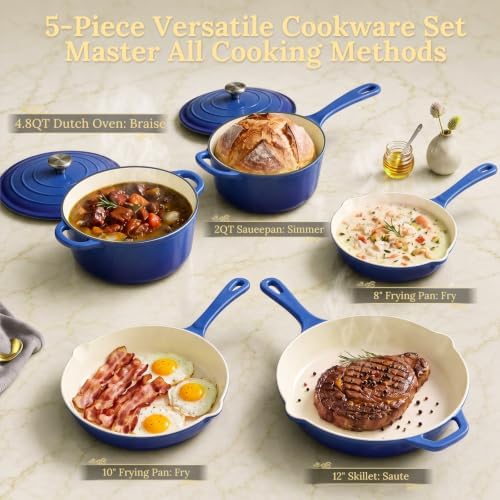 QuliMetal Enameled Cast Iron Cookware Set, 5 Pcs Pots and Pans with Lid, Skillet, Frying Pan, Saucepan & Dutch Oven for All Stovetops, PFA Free - Ideal for Sourdough Bread Baking - Image 3