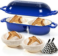 Umite Chef Mini Double Dutch Oven for Sourdough Bread Baking - Enameled Cast Iron Dutch Oven Pot with Lid and 5" Banneton Bread Proofing Basket Kit, Dual Round Bread Loaf Pan for Bread Baking (Blue) by UmiteChef