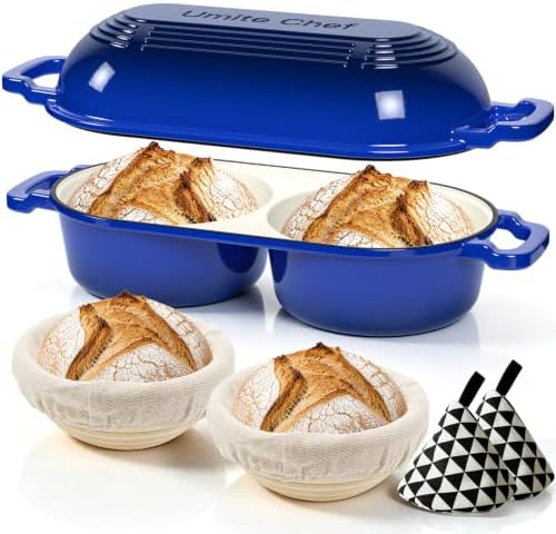 Umite Chef Mini Double Dutch Oven for Sourdough Bread Baking - Enameled Cast Iron Dutch Oven Pot with Lid and 5" Banneton Bread Proofing Basket Kit, Dual Round Bread Loaf Pan for Bread Baking (Blue) by UmiteChef