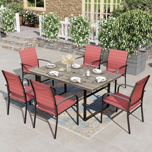 HERA'S HOUSE 7pc Outdoor Patio Dining Set, Wood-Look Metal Table, Red by HERASHOUSE