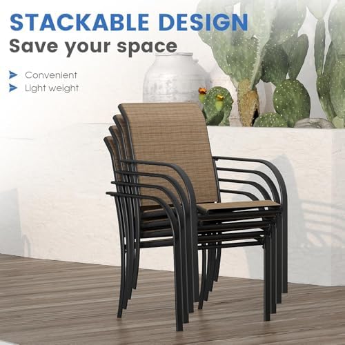 VICLLAX 5 Pieces Patio Dining Set for 4, Outdoor Furniture Set Includes 40.7" Round Patio Table and 4 Patio Stackable Chairs, Walnut Tabletop and Brown Fabric - Image 3