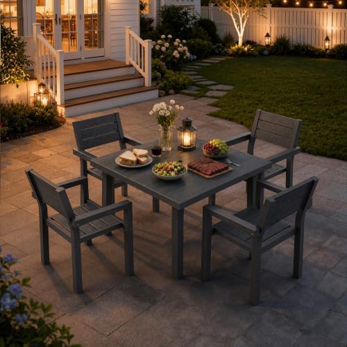 5-Piece Patio Dining Set for 4, Wood-Grain HDPE Outdoor Table and Chairs - Image 6