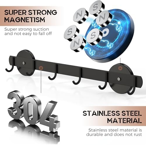 Magnetic Utensil Holder For Fridge, Heavy Duty Magnetic Coat Rack For Metal Door, Magnetic BBQ Tool Rack, Strong Magnet Bar With 6 Hooks Storage Hanger Hanging Kitchen Utensil, Coat, Towel, Grill Tool - Image 4