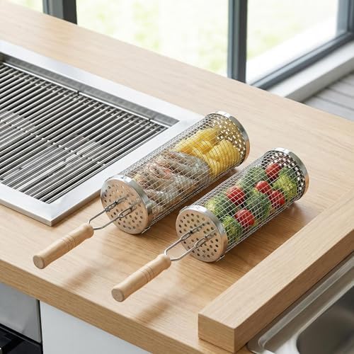 Rolling Grill Basket Set, 2‑Piece Stainless Steel Grilling Baskets, Nesting Design with Removable Wooden Handle, Perfect for Vegetables, Shrimp, Camping, Backyard BBQ – Ideal Grilling Gift for Men by Unknown