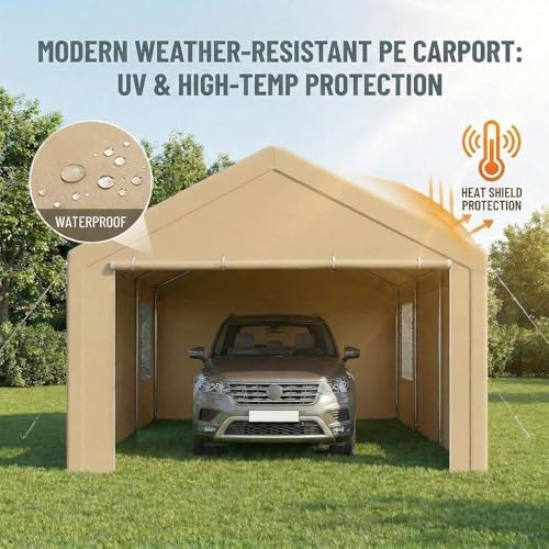 COBIZI 10x20 FT Heavy Duty Carport with Galvanized Frame & Sandbags, Khaki - Image 3