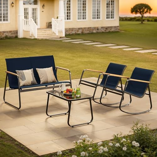 Ahomly 4-Piece Patio Furniture Set, Textilene Rocking Bistro Set, Blue - Image 6